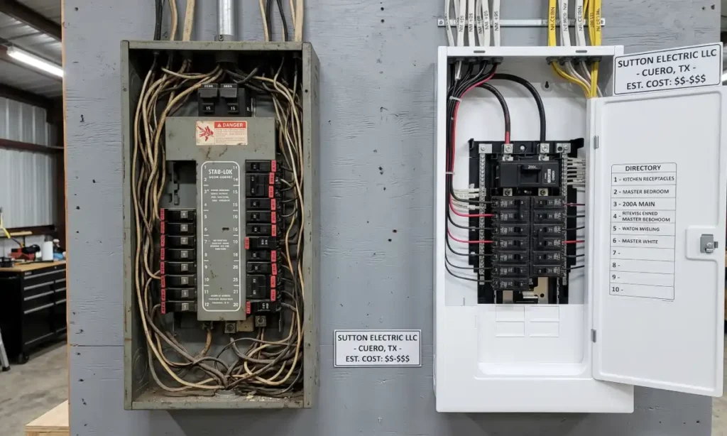 Before and after electrical panel upgrade showing Federal Pacific panel replaced with 200-amp service in Cuero, TX