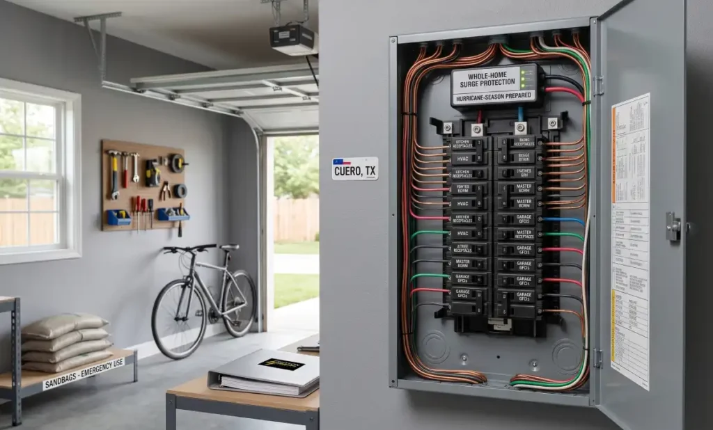 Residential electrical panel ready for hurricane electrical prep in a Cuero, TX home