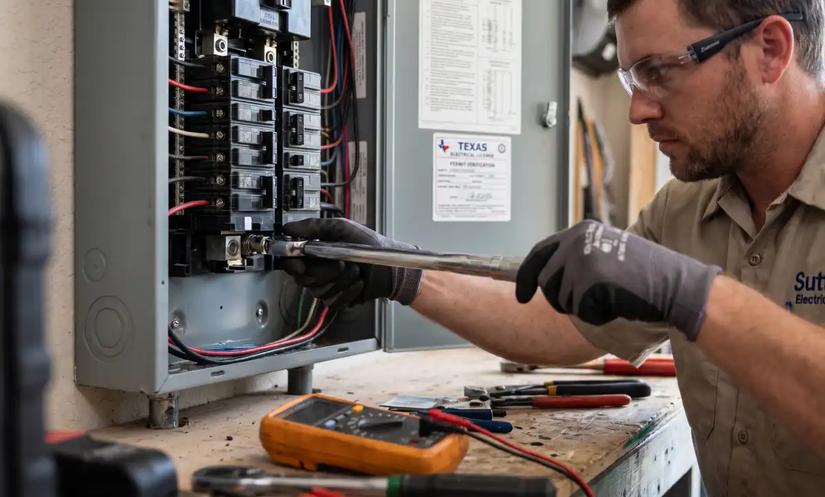 Hurricane Electrical Prep in Texas - A Cuero Homeowner's Checklist 2 Licensed Cuero electrician performing a pre-storm panel inspection