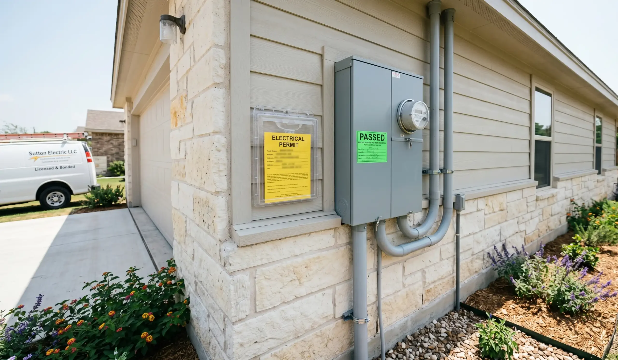Master Electrician vs. Journeyman vs. Apprentice 2 Permitted electrical install in Cuero, TX, showing inspection sticker