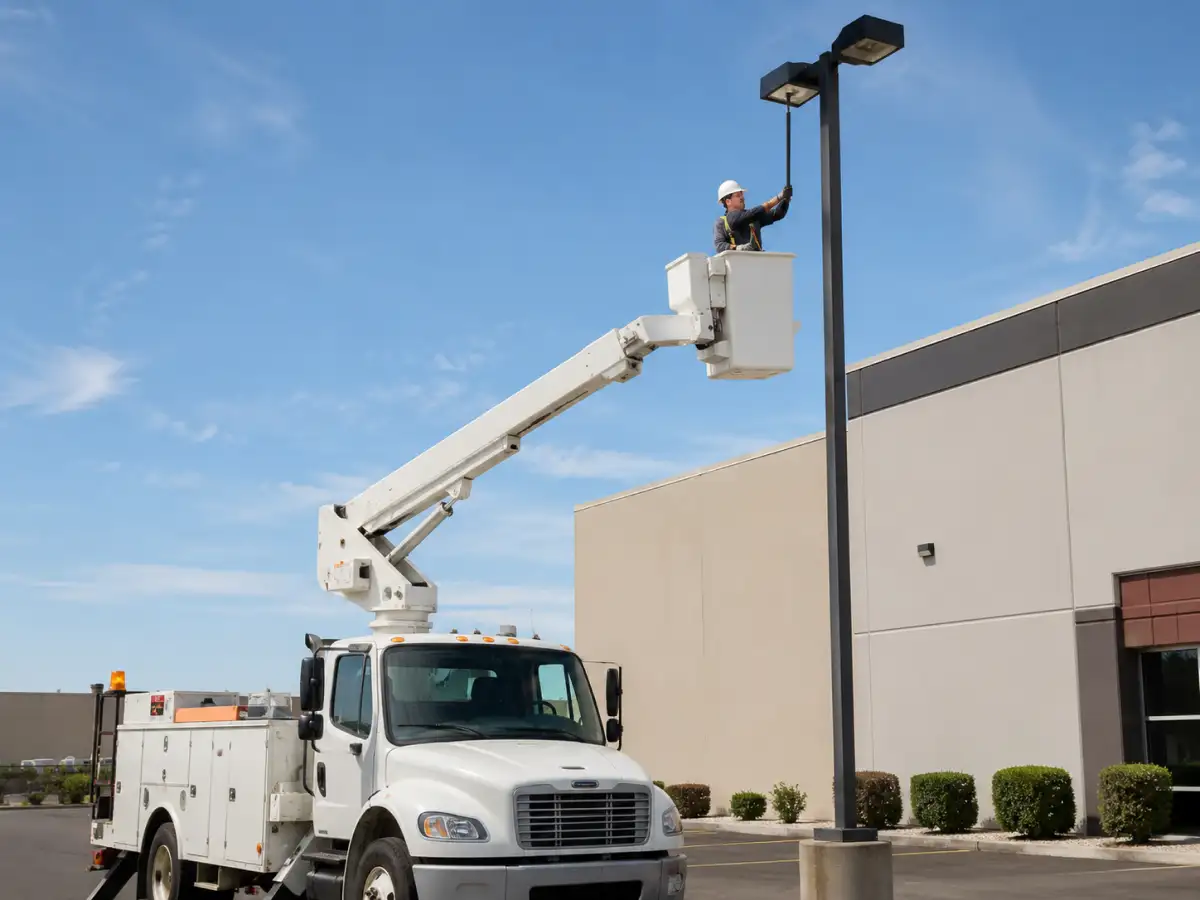 Bucket truck servicing commercial parking lot light