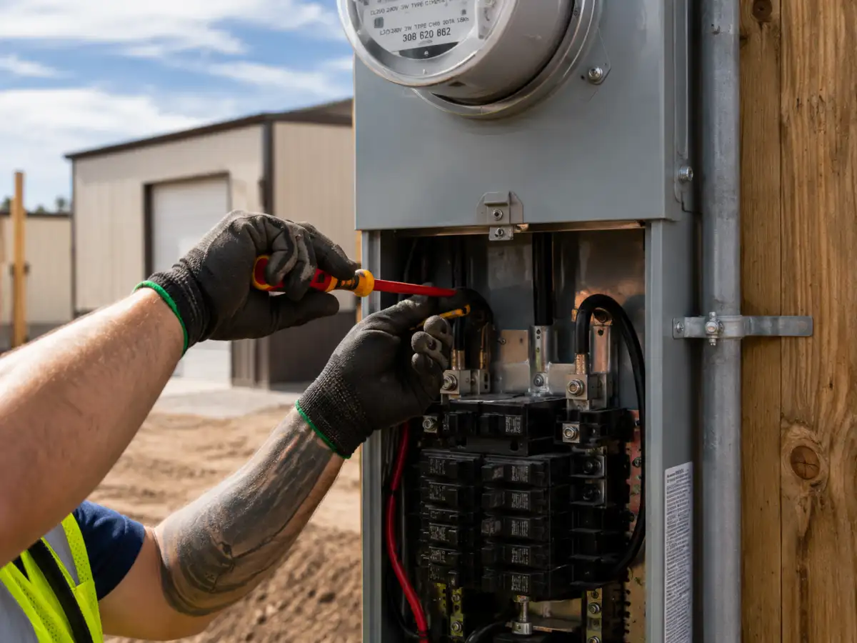 Technician wiring electrical service panel