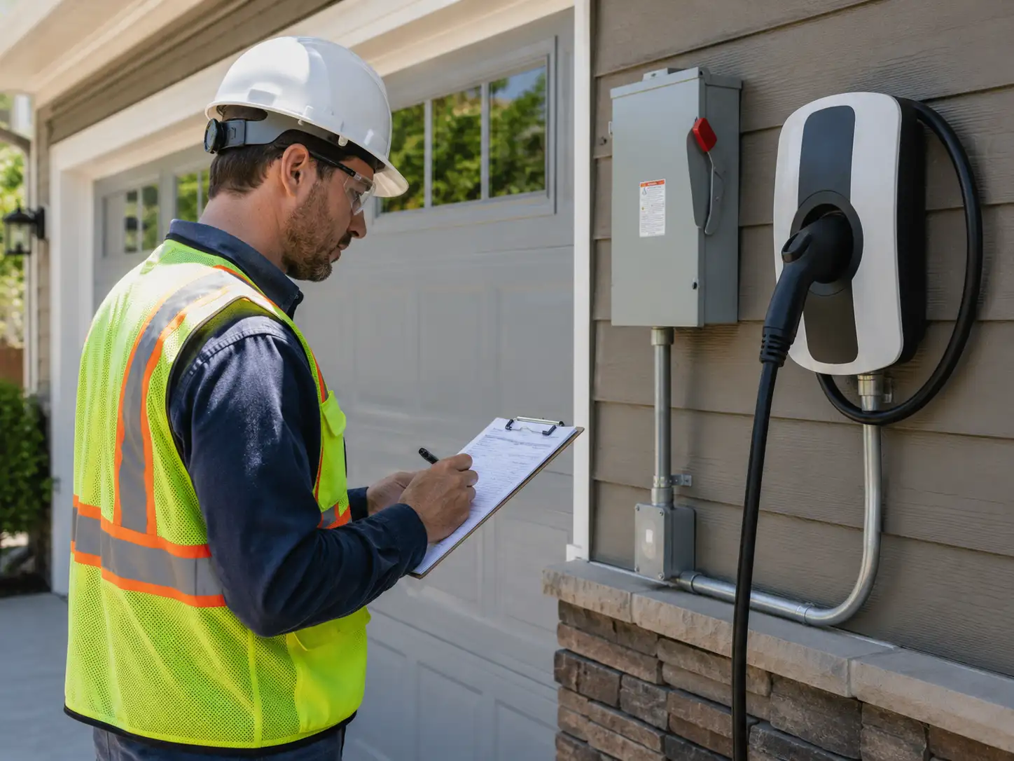 Electrician inspecting installed EV charger