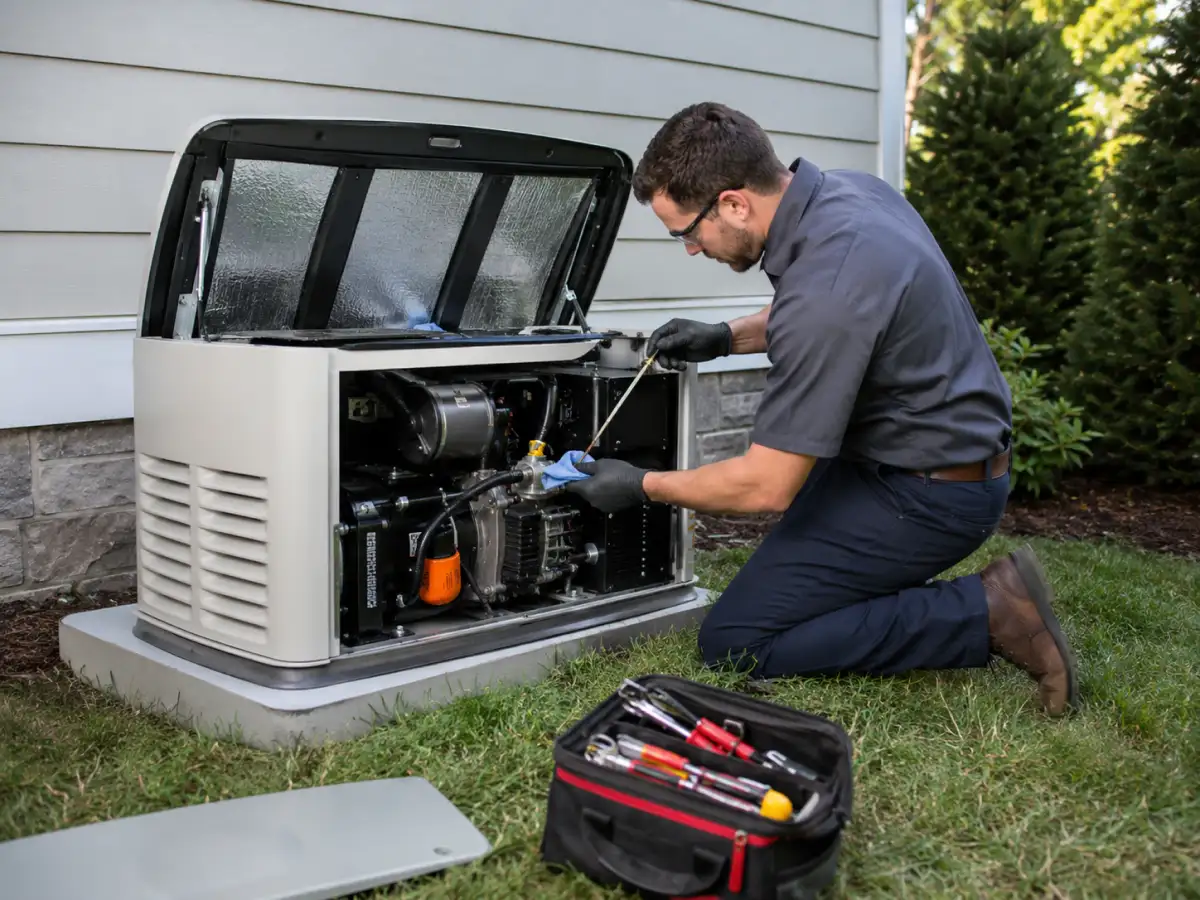 Electrician performing outdoor generator maintenance