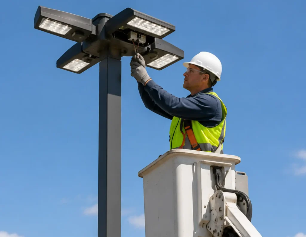 Electrician repairing LED pole light fixture