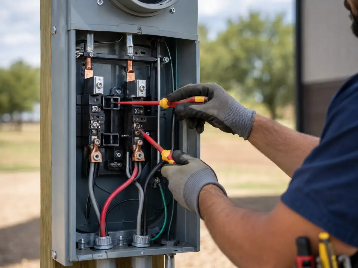 Electrician repairing meter box wiring