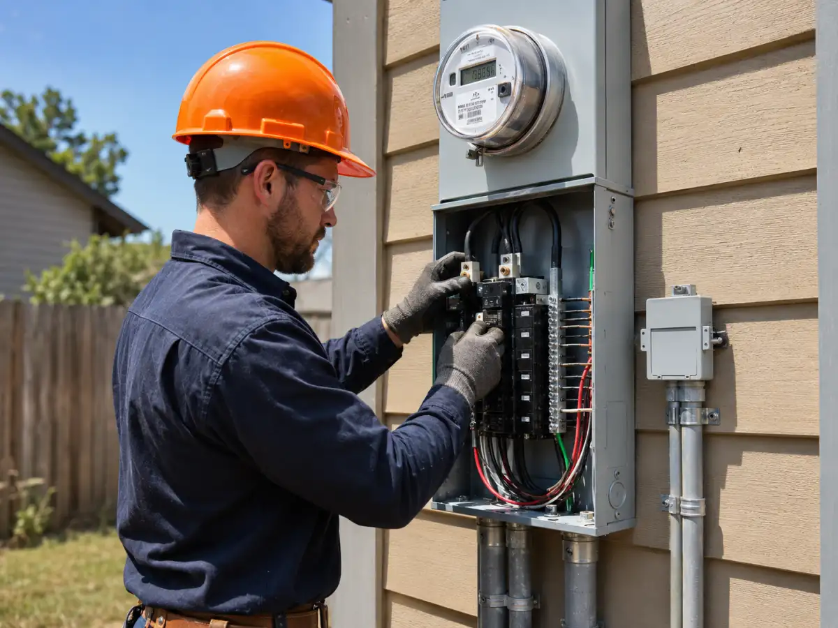 Electrician servicing outdoor meter panel
