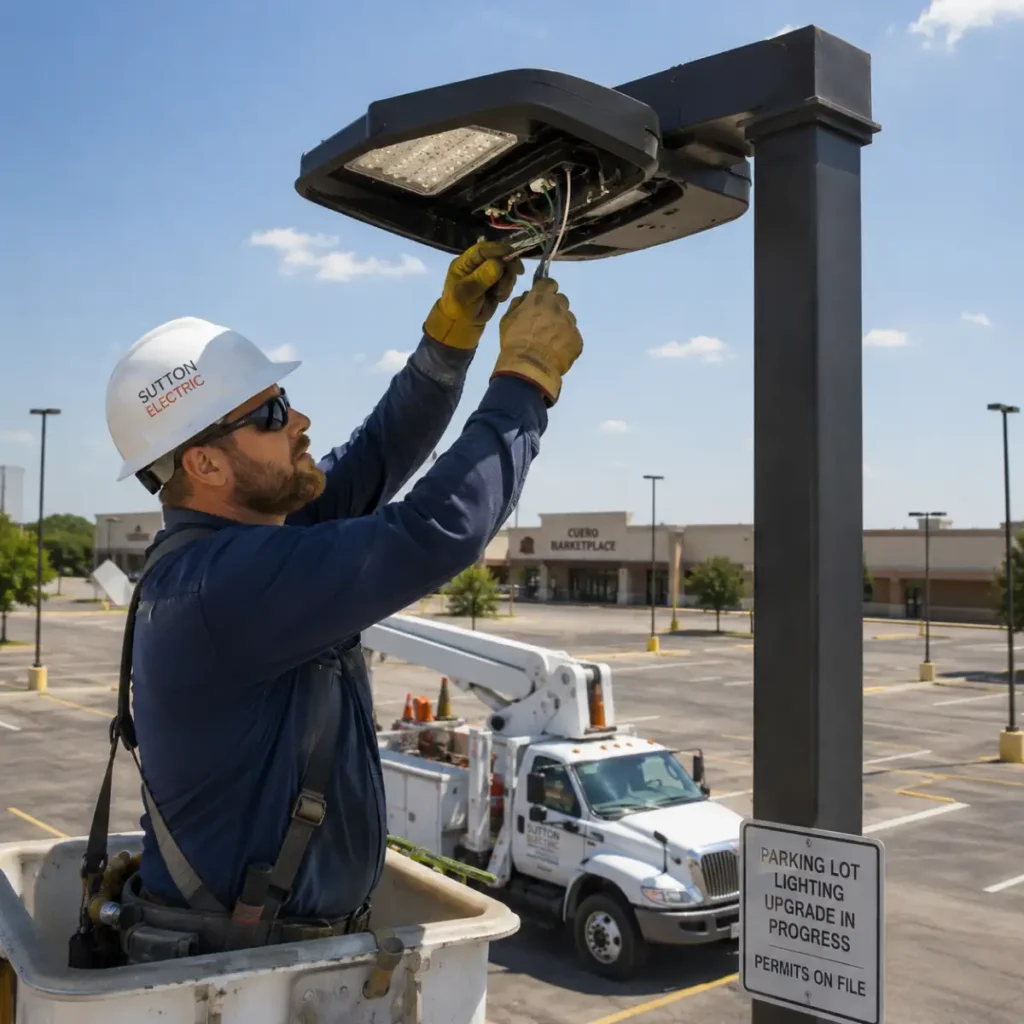 Electrician servicing parking lot light fixture