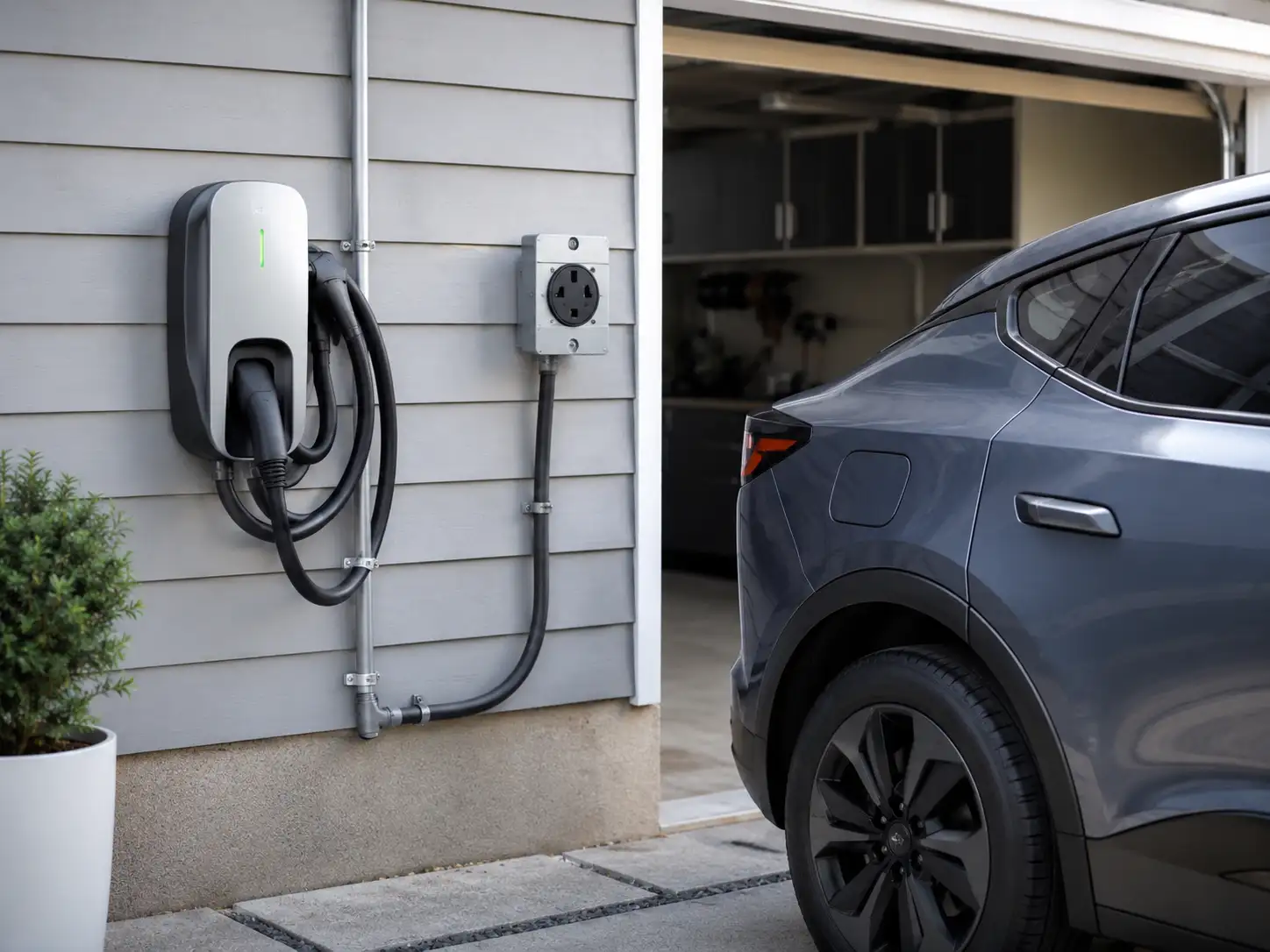 Home EV charger beside parked car