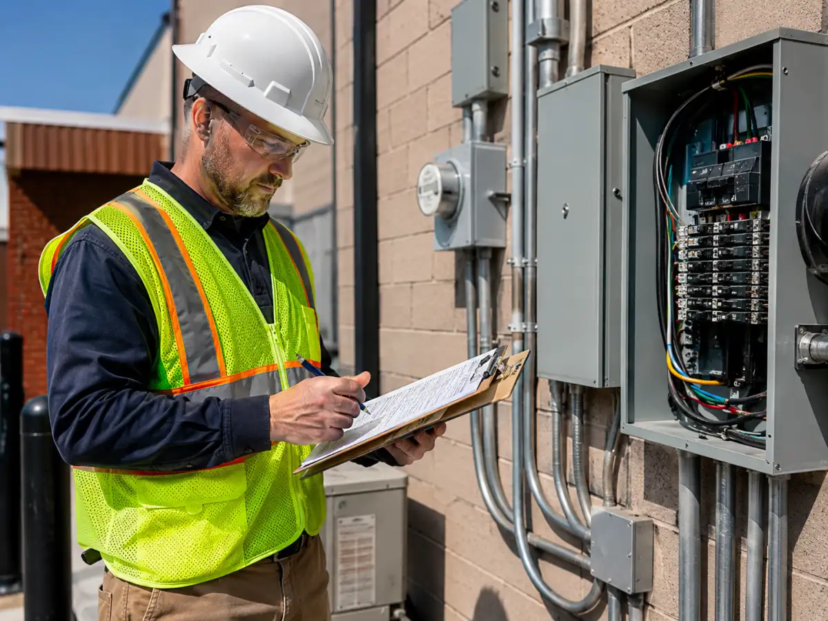 Inspector reviewing commercial electrical panel wiring