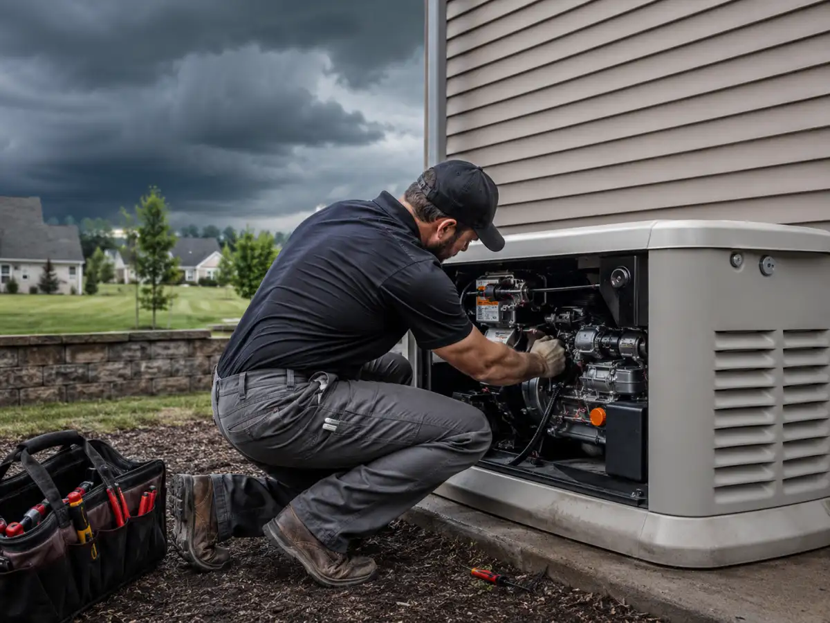 Technician repairing generator before storm