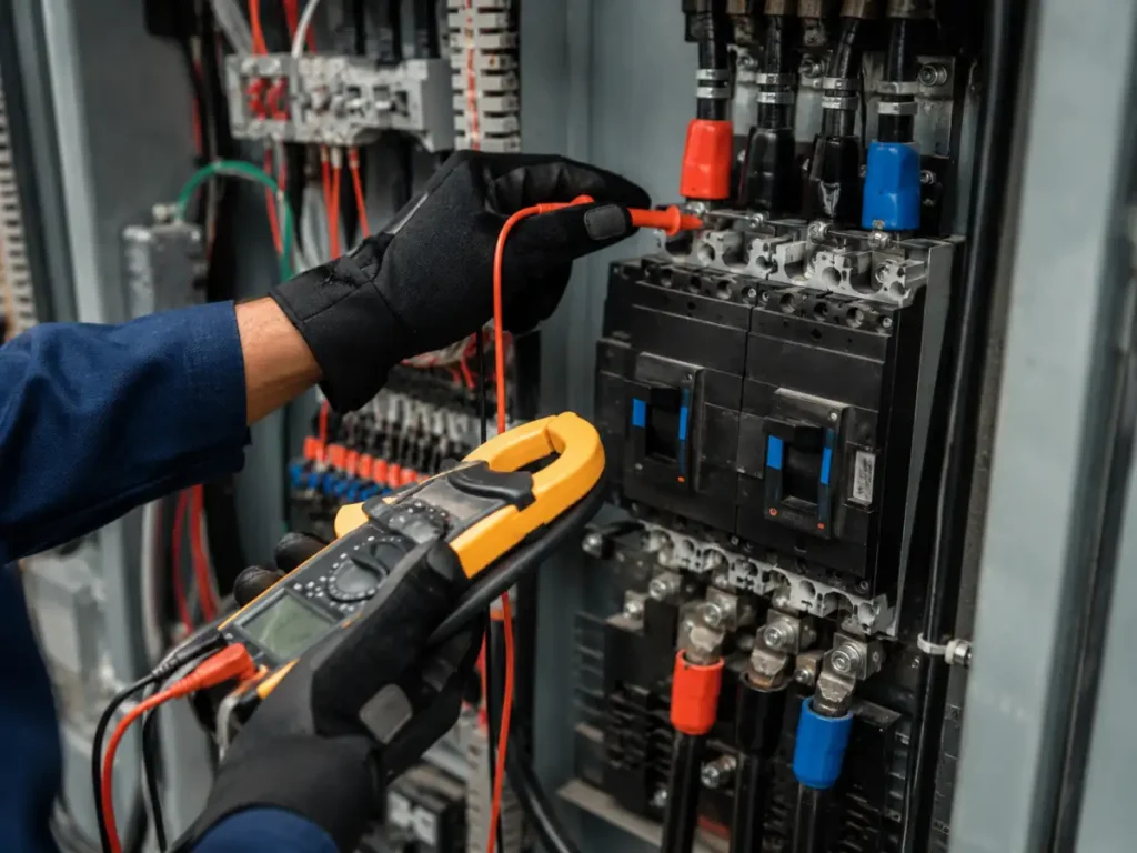 Technician testing commercial electrical breaker panel