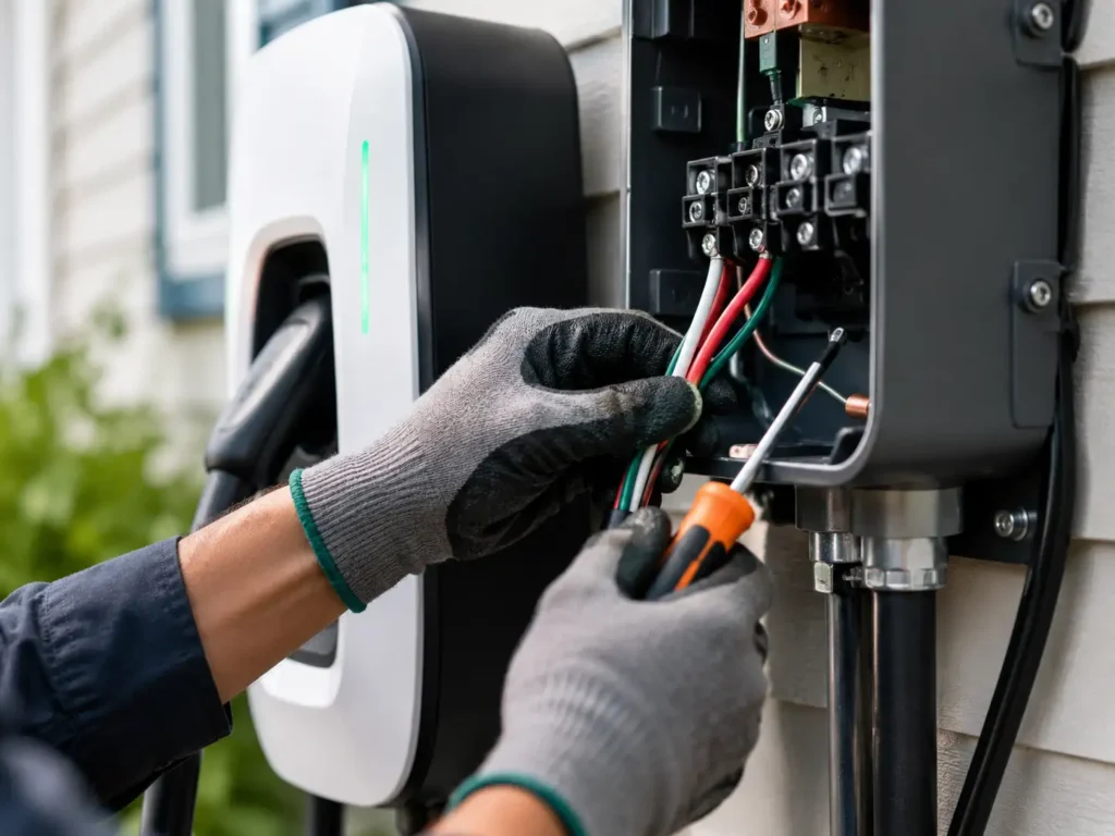 Technician wiring residential EV charger panel