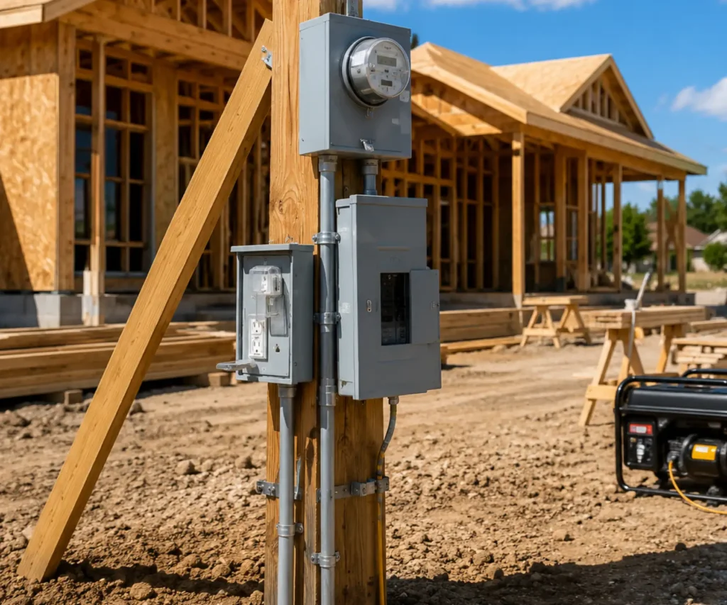 Temporary power pole at construction site