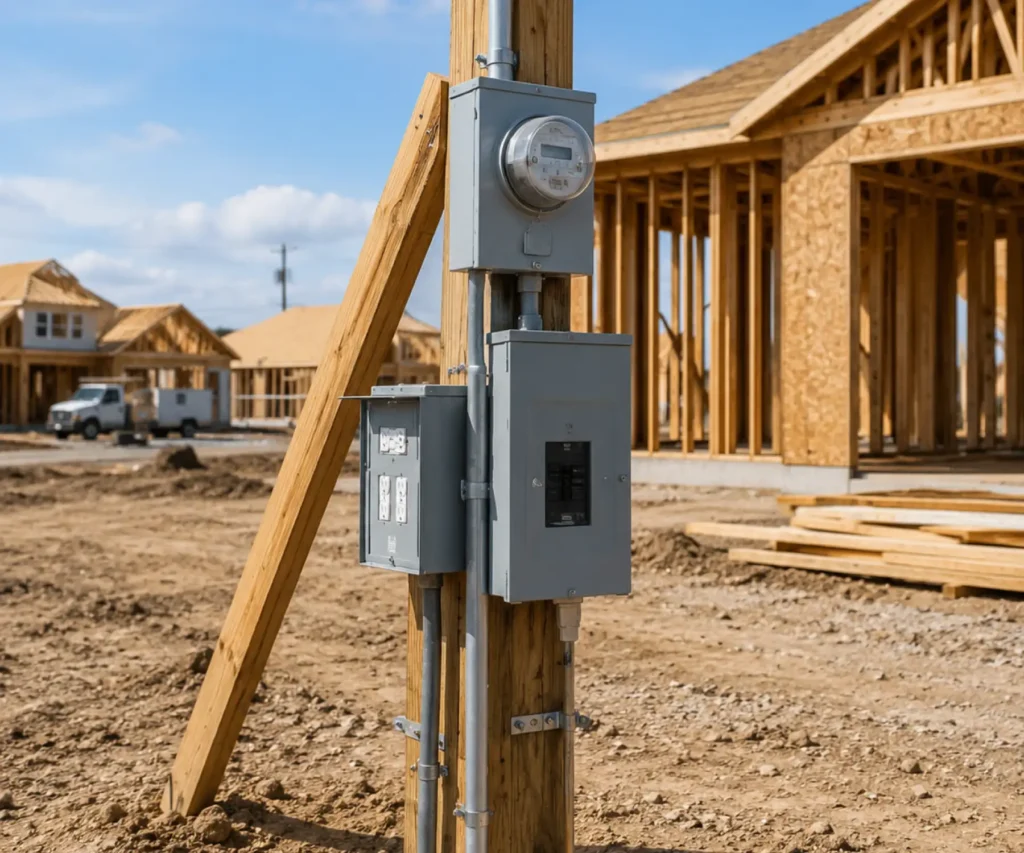 Temporary power pole on construction site
