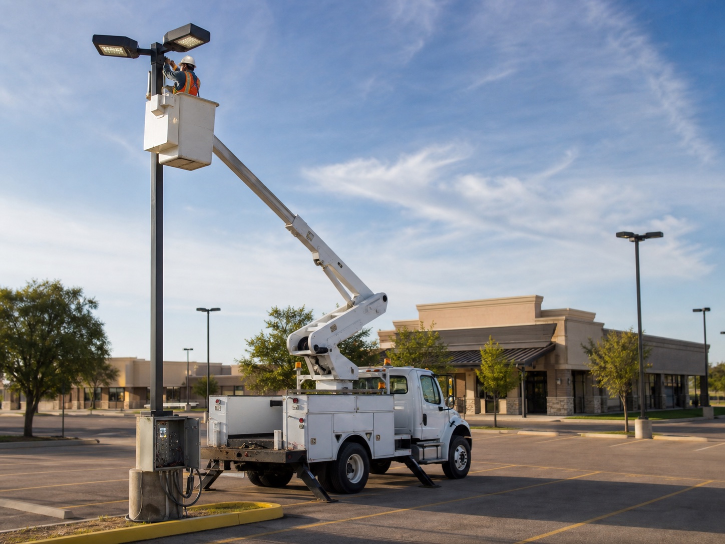 Licensed electrician using a bucket truck to wire a commercial parking lot light pole in Cuero Texas