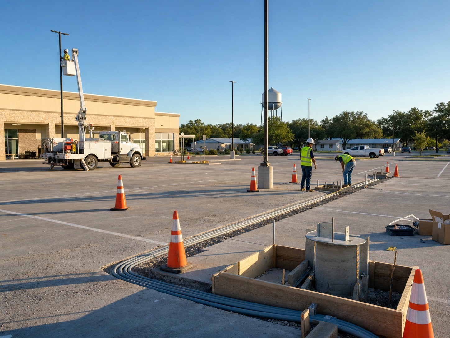 Parking lot lighting installation with conduit, pole bases, cones, and bucket truck in Cuero Texas