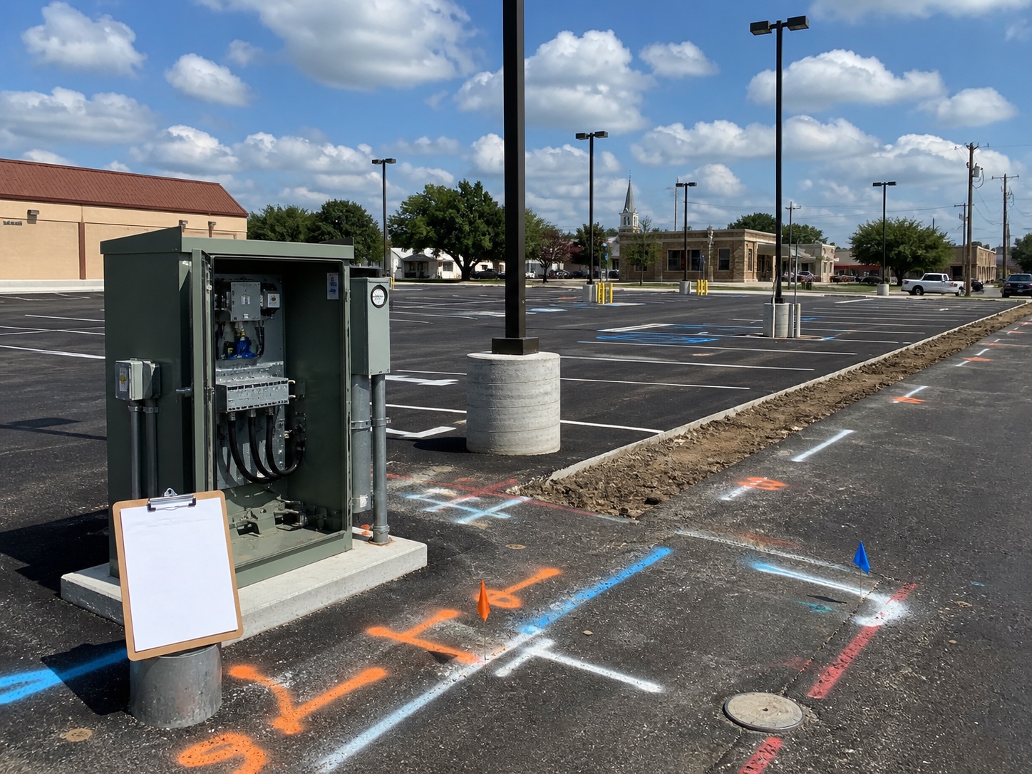 Inspection-ready commercial parking lot lighting installation with utility markings and electrical cabinet in Cuero Texas