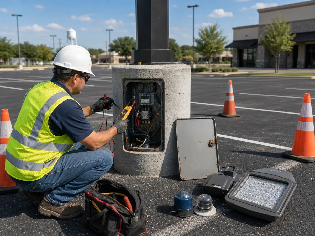 Electrician diagnosing failed pole light wiring at a commercial parking lot in Cuero Texas