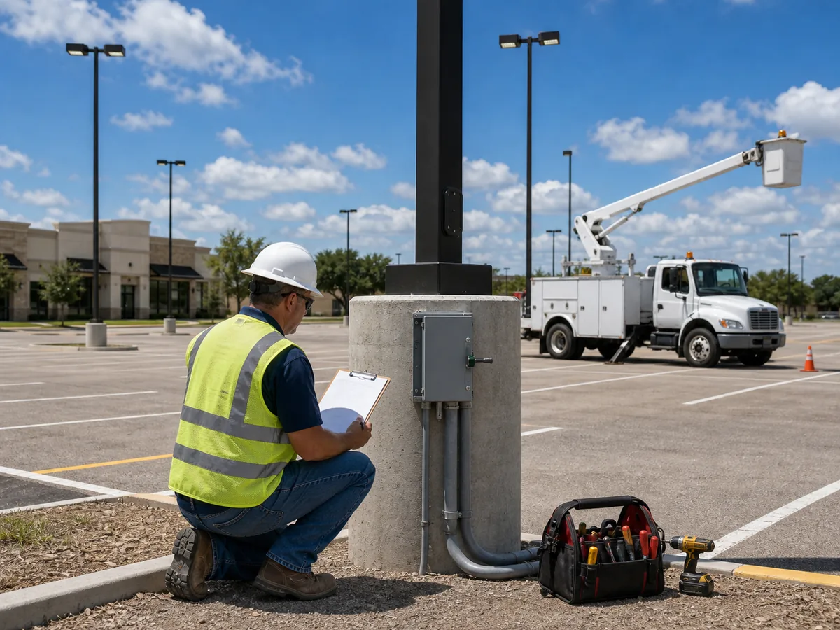 Inspection-ready pole light repair with electrical disconnect and bucket truck in Cuero Texas