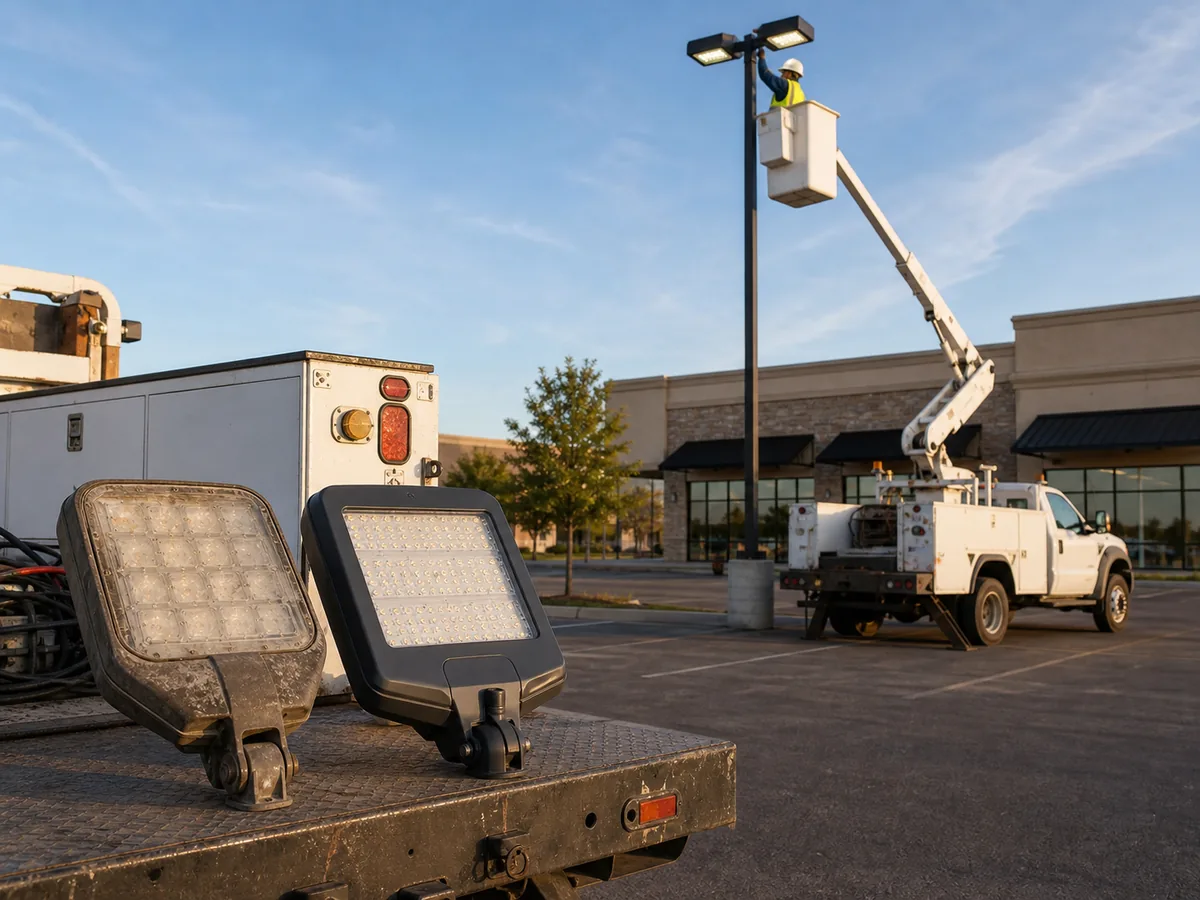 Old pole light fixture compared with new LED replacement in a Cuero Texas parking lot