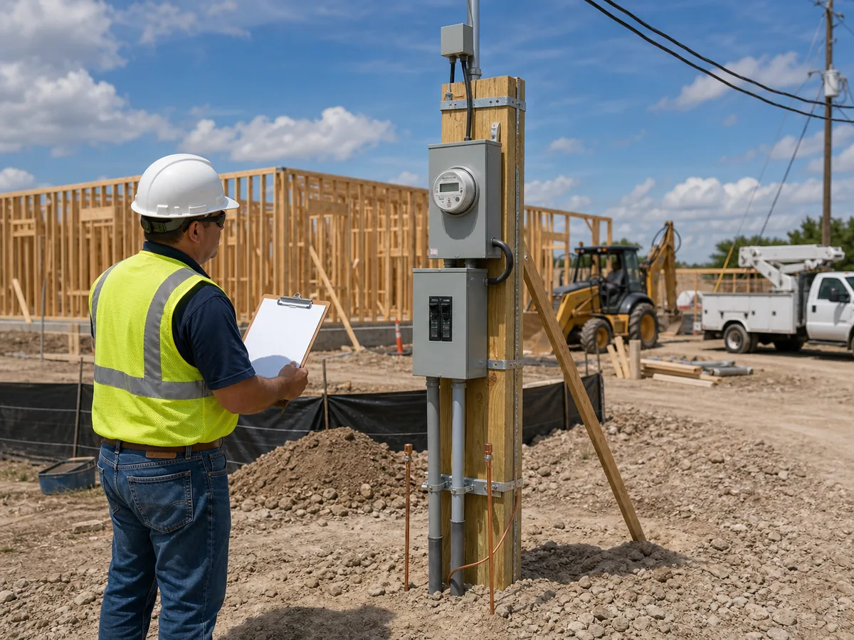 Inspection-ready temporary power pole at a Cuero Texas construction site