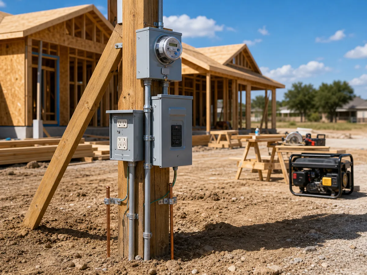 Weatherproof meter base breaker receptacles and grounding on a temporary power pole in Cuero Texas