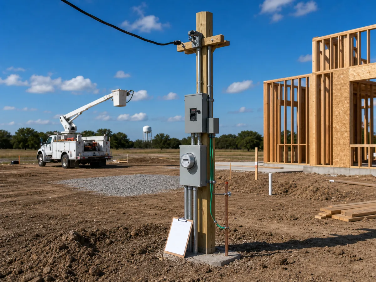 Temporary power pole with meter base grounding and utility coordination setup in Cuero Texas
